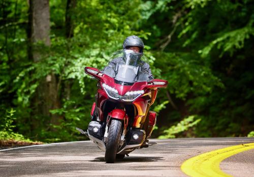 Motorcyclist on red bike rides through a lush forest road.